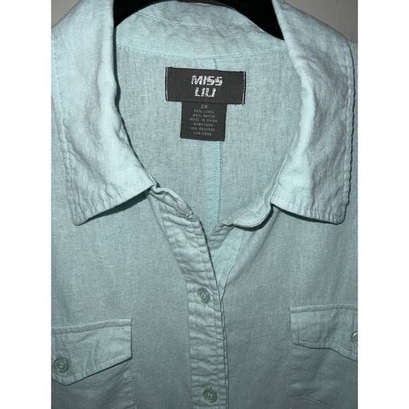 Miss Lili size 2X linen blend blue beachy roll tab half sleeve blouse button up - Picture 2 of 8